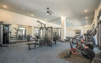 A spacious gym with a variety of equipment including treadmills, weights, and exercise machines.