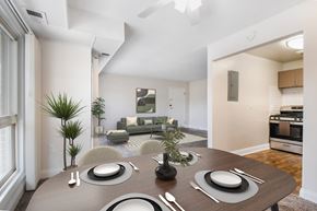 Silver Spring apartment for rent - A modern dining room with a table set for two.