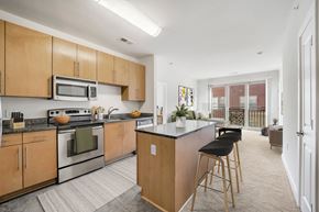 Washington apartment for rent - A kitchen with wooden cabinets and a black countertop.