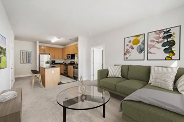 Washington apartment for rent - A living room with a green couch and a glass table.