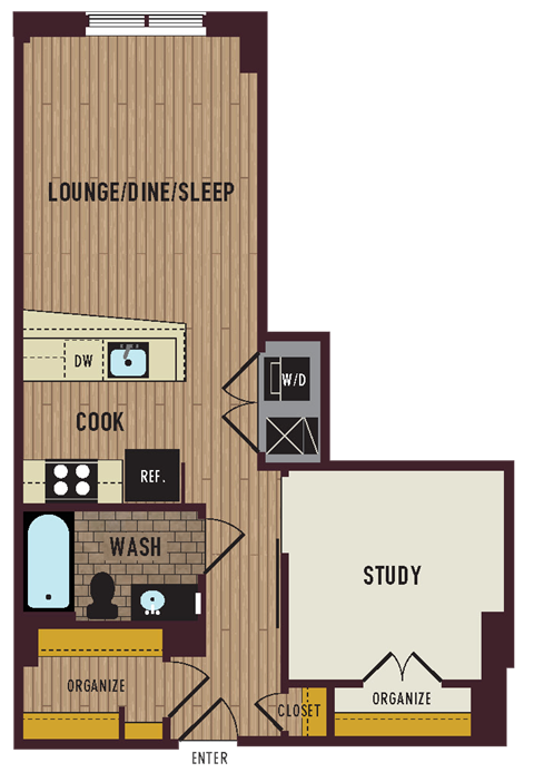 Floor plan for studio, 1 bath, 578 sqft