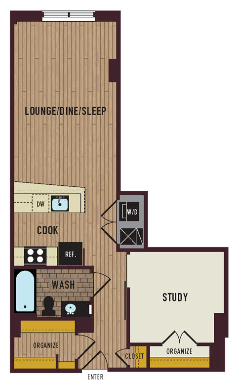 Floor plan for studio, 1 bath, 638 sqft