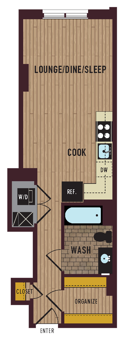 Floor plan for studio, 1 bath, 478 sqft