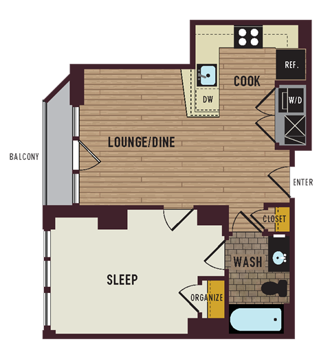 Floor plan for 1 bed, 1 bath, 527 sqft