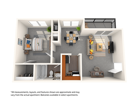 Floor plan for 1 bed, 1 bath, 634 sqft