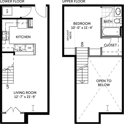 Floor plan for 1 bed, 1 bath, 625 sqft