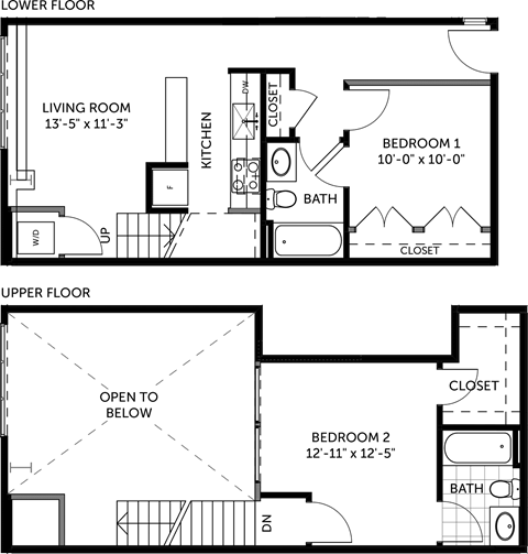 Floor plan for 2 beds, 2 baths, 989 sqft