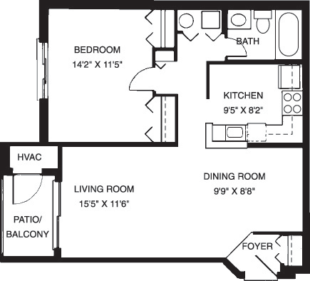Floor plan for 1 bed, 1 bath, 700 sqft