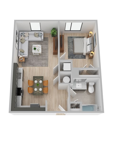 Floor plan for 1 bed, 1 bath, 611 sqft