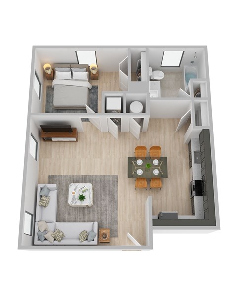 Floor plan for 1 bed, 1 bath, 676 sqft