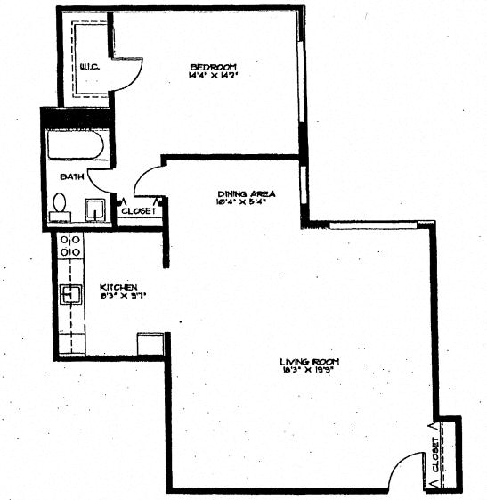 Floor plan for 1 bed, 1 bath, 807 sqft