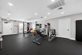 Lexington Park apartment for rent - A gym with a variety of equipment including a weight machine, a bench press, and a squat rack.