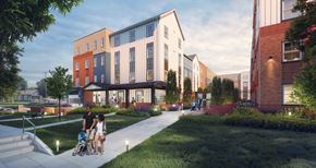 Richmond apartment for rent - A family is walking down a sidewalk in front of a modern building.