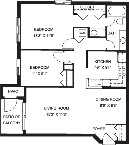 Floor plan for 2 beds, 1 bath, 887 sqft