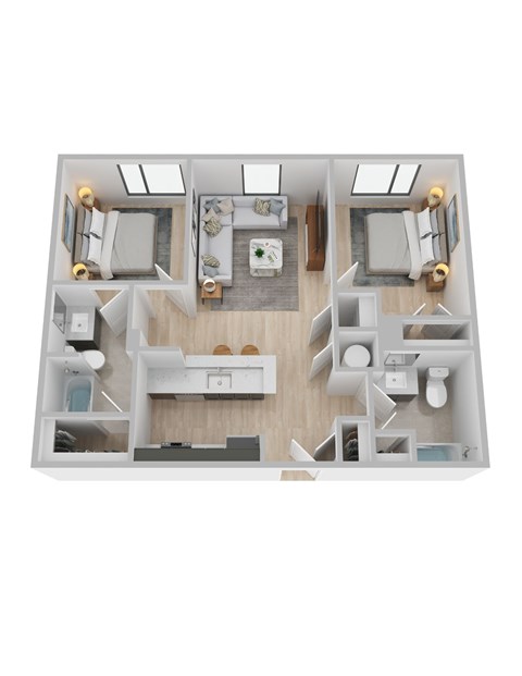 Floor plan for 2 beds, 2 baths, 881 sqft