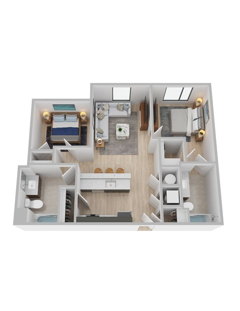 Floor plan for 2 beds, 2 baths, 832 sqft