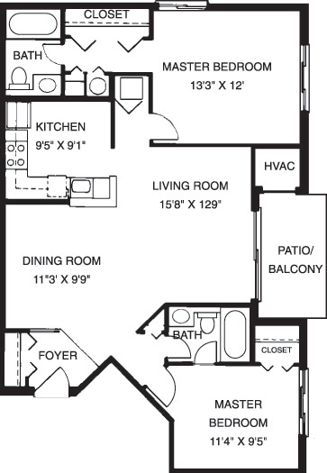 Floor plan for 2 beds, 2 baths, 937 sqft