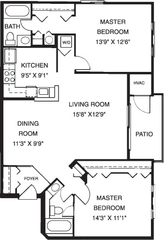 Floor plan for 2 beds, 2 baths, 1013 sqft