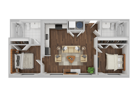 Floor plan for 2 beds, 2 baths, 723 sqft