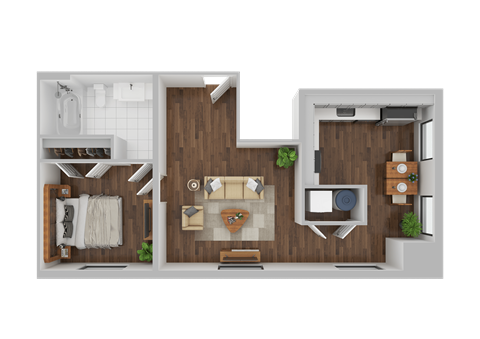 Floor plan for 1 bed, 1 bath, 592 sqft