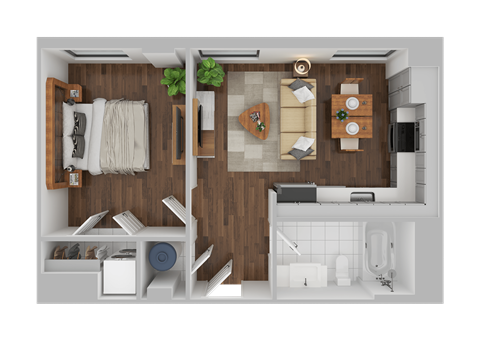 Floor plan for 1 bed, 1 bath, 490 sqft