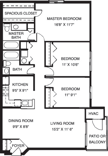 Floor plan for 3 beds, 2 baths, 1173 sqft