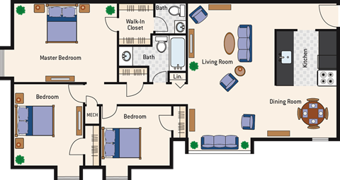 Floor plan for 3 beds, 1.5 baths, 996 sqft