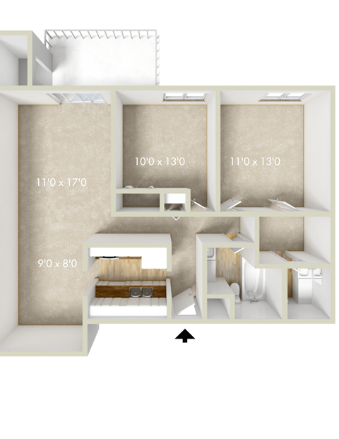 Floor plan for 2 beds, 1.5 baths, 971 sqft