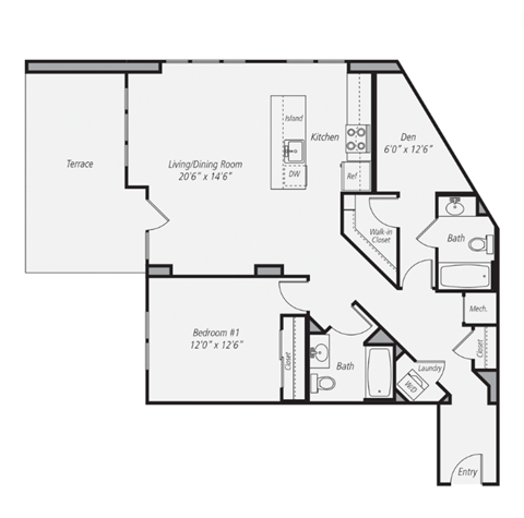 Floor plan for 1 bed, 2 baths, 1086 sqft