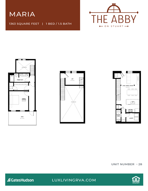 Floor plan for 1 bed, 1.5 baths, 1363 sqft