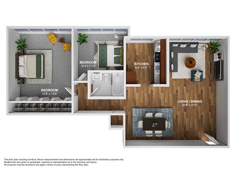 Floor plan for 2 beds, 1 bath, 965 sqft