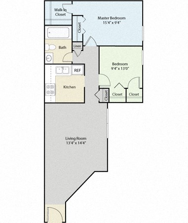 Floor plan for 2 beds, 1 bath, 717 sqft