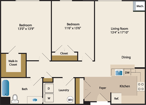 Floor plan for 2 beds, 1 bath, 1104 sqft