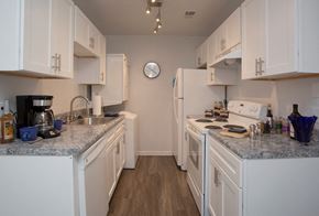 Portsmouth apartment for rent - a kitchen with white appliances and granite counter tops