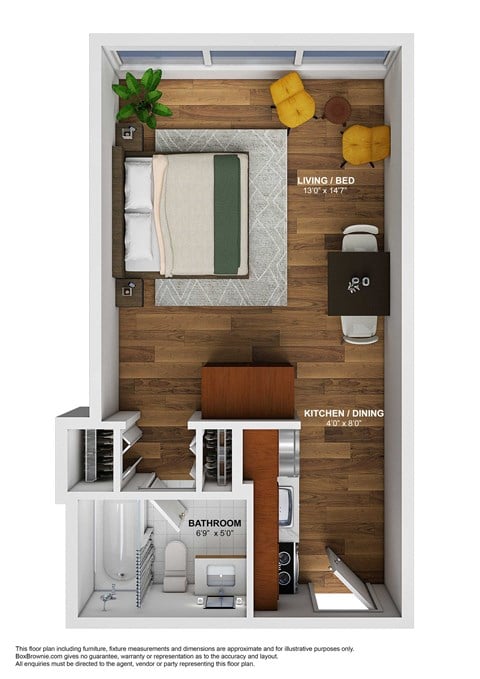 Floor plan for studio, 1 bath, 340 sqft