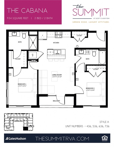 Floor plan for 2 beds, 2 baths, 934 sqft