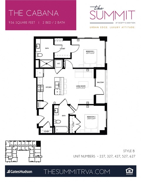 Floor plan for 2 beds, 2 baths, 916 sqft
