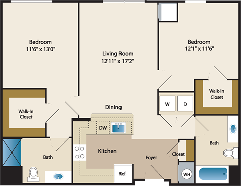 Floor plan for 2 beds, 2 baths, 965 sqft