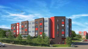 Charlottesville apartment for rent - a rendering of an apartment building on a street corner