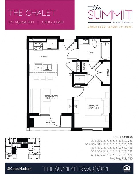 Floor plan for 1 bed, 1 bath, 581 sqft