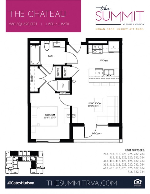 Floor plan for 1 bed, 1 bath, 580 sqft