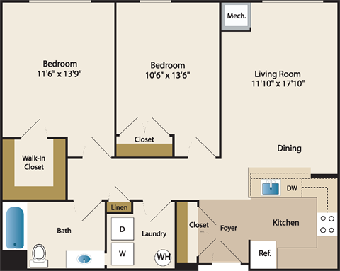 Floor plan for 2 beds, 1 bath, 1092 sqft