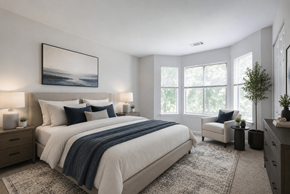 Columbia apartment for rent - A bedroom with a large bed, a chair, and a painting on the wall.