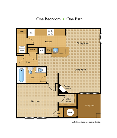 Floor plan for 1 bed, 1 bath, 756 sqft