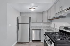 Chesapeake apartment for rent - a kitchen with white cabinets and a stainless steel refrigerator