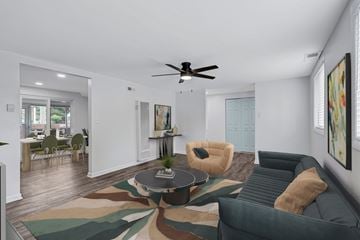 Hampton apartment for rent - A living room with a green couch and a rug with a leaf pattern.