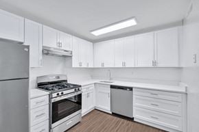 Charlottesville apartment for rent - a kitchen with white cabinets and stainless steel appliances