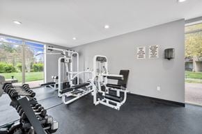 Frederick apartment for rent - a gym with weights and cardio machines and a window