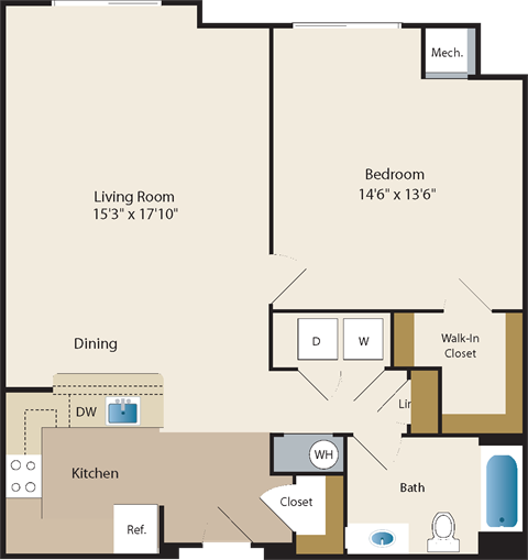 Floor plan for 1 bed, 1 bath, 996 sqft