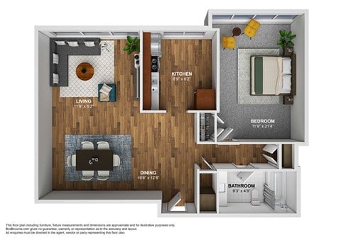 Floor plan for 1 bed, 1 bath, 780 sqft